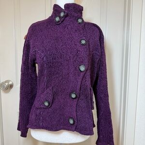 90s Lisa Nichols asymmetric purple button up turtleneck sweater cardigan